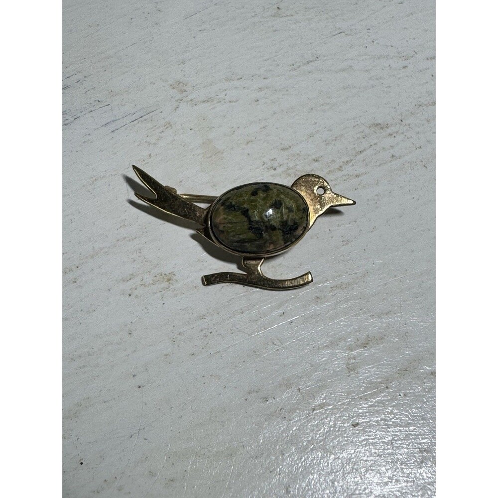 W.E. RICHARDS Unakite Green/ Pink Jasper 12 K gold Filled Bird Brooch Vintage